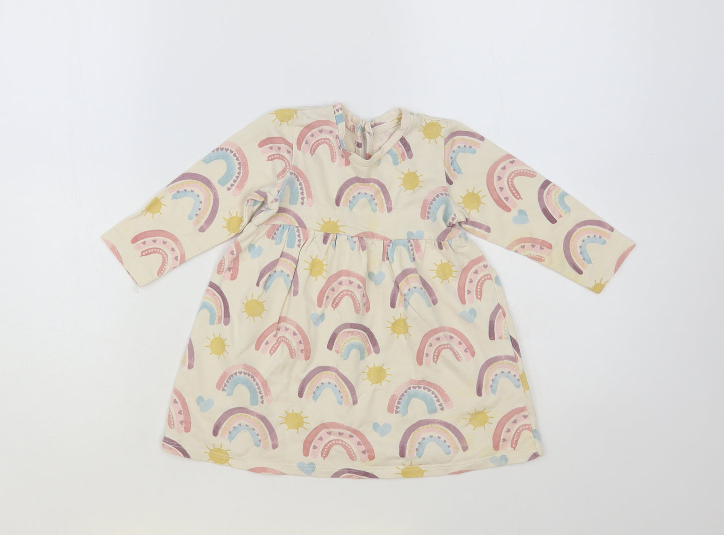 George Baby Beige Geometric Cotton A-Line Size 9-12 Months Crew Neck Button - Rainbow Pattern