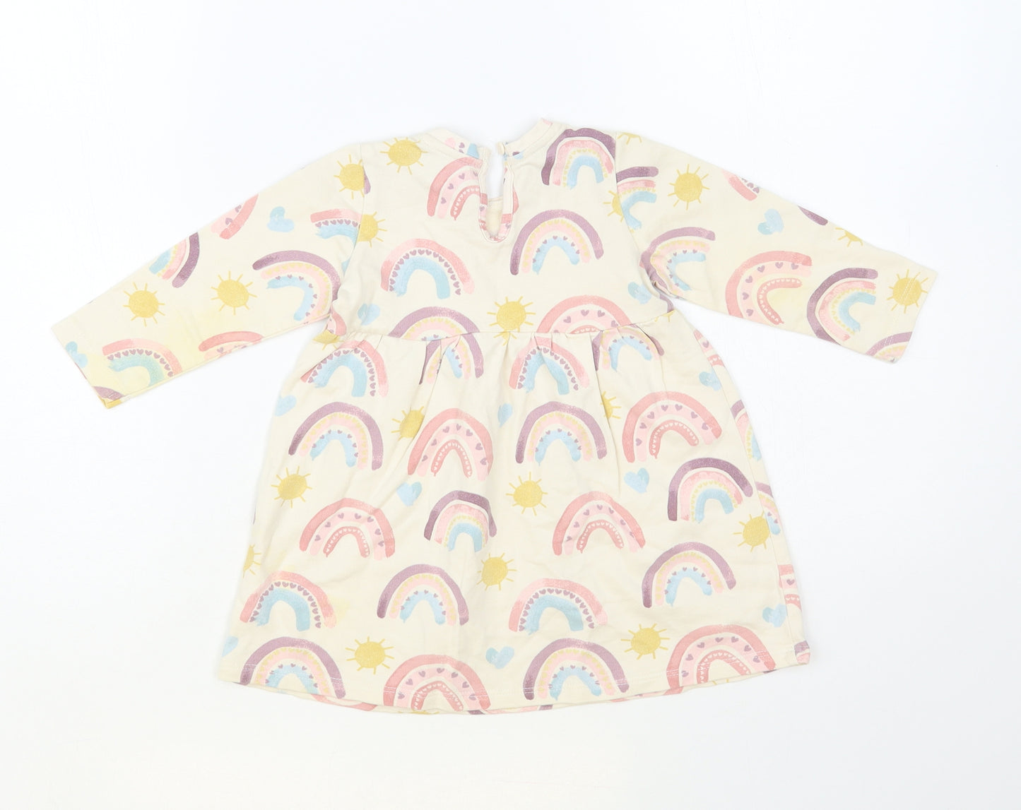 George Baby Beige Geometric Cotton A-Line Size 9-12 Months Crew Neck Button - Rainbow Pattern