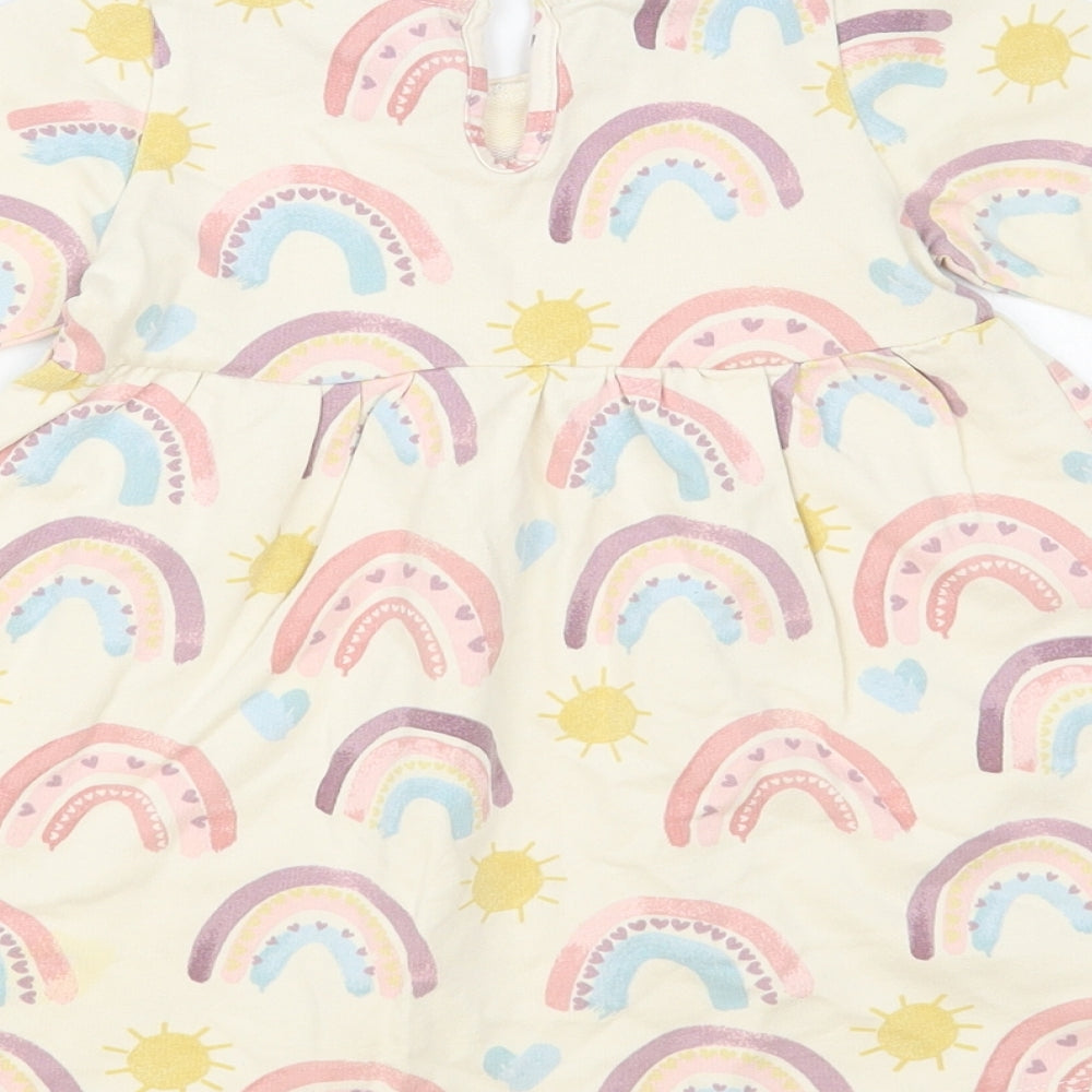 George Baby Beige Geometric Cotton A-Line Size 9-12 Months Crew Neck Button - Rainbow Pattern