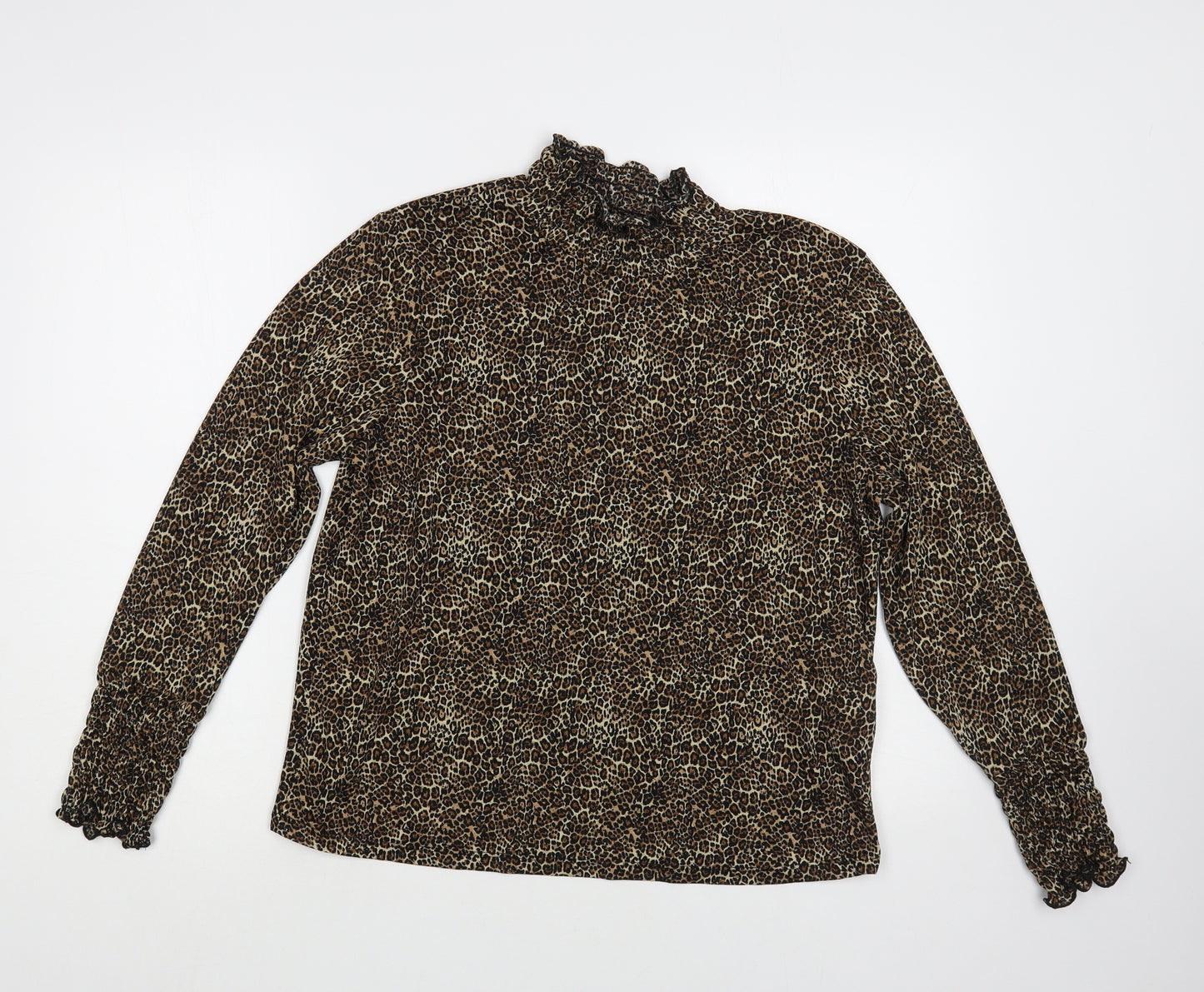 Primark Womens Brown Animal Print Polyester Basic Blouse Size 12 Mock Neck