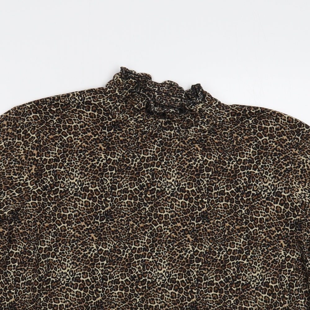 Primark Womens Brown Animal Print Polyester Basic Blouse Size 12 Mock Neck