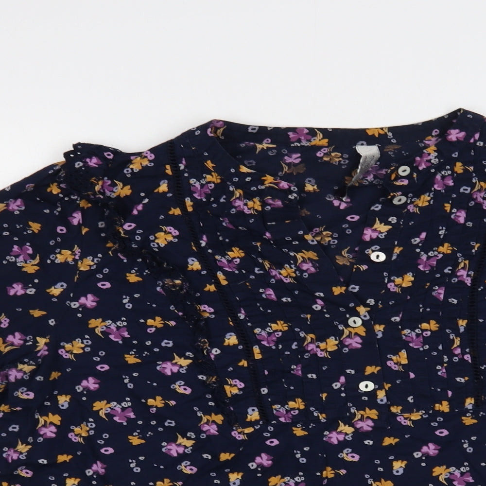 Marks and Spencer Womens Blue Floral Cotton Basic Button-Up Size 12 Round Neck