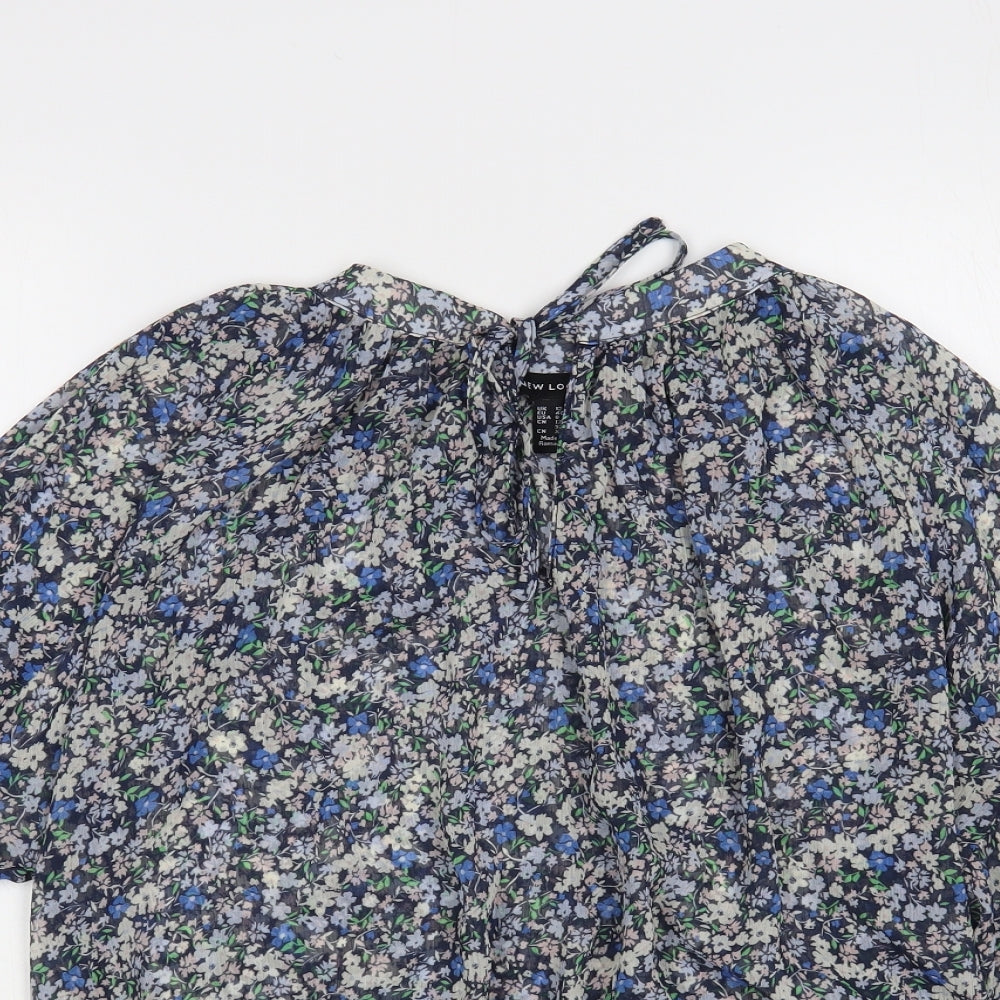 New Look Womens Blue Floral Polyester Basic Blouse Size 12 Round Neck