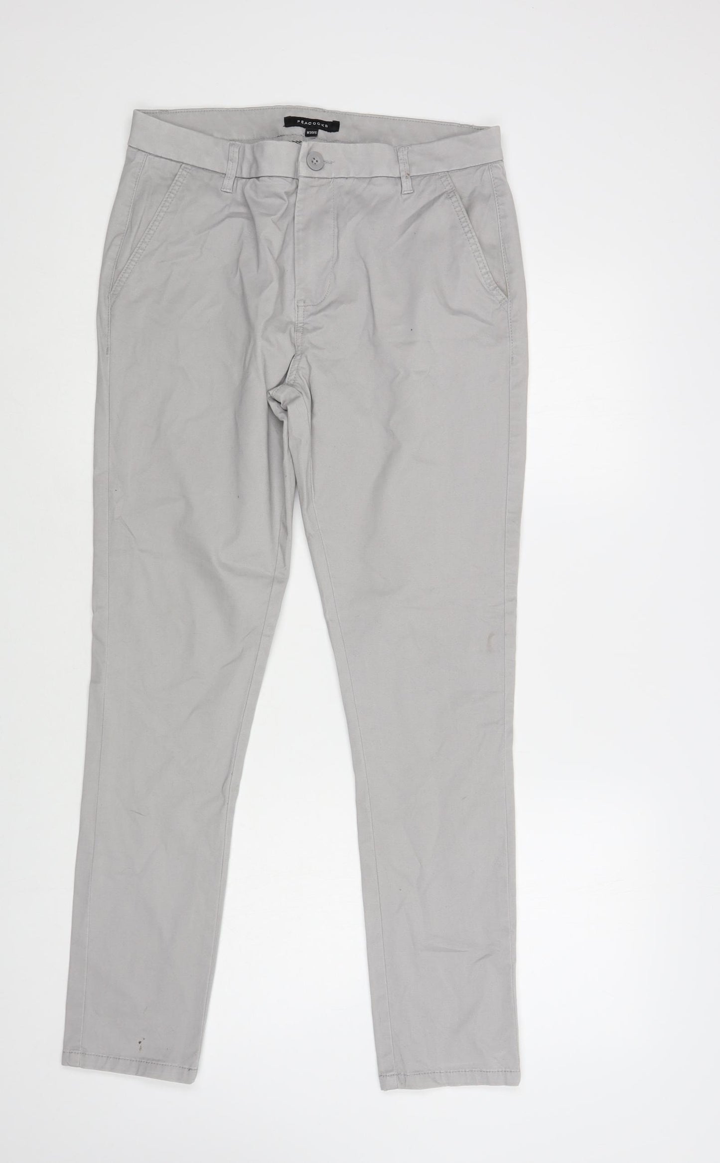 Peacocks Mens Grey Cotton Chino Trousers Size 30 L31 in Regular Button