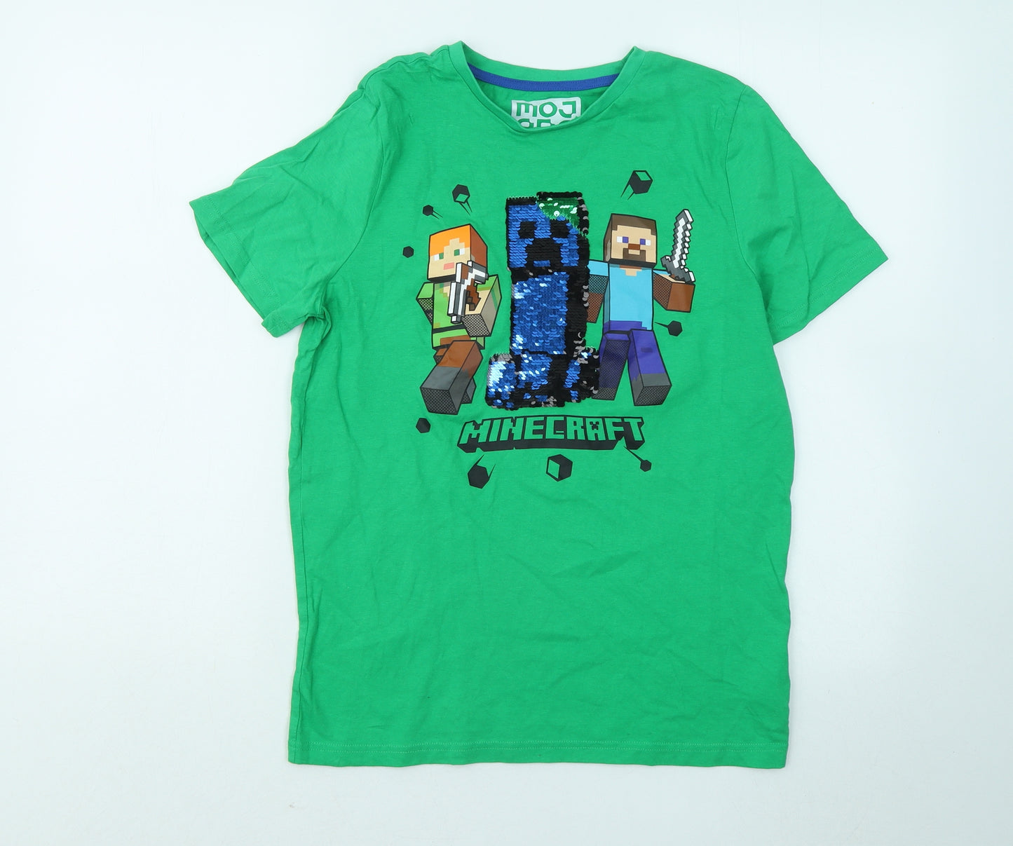 F&F Boys Green Cotton Basic T-Shirt Size 13 Years Round Neck - Minecraft