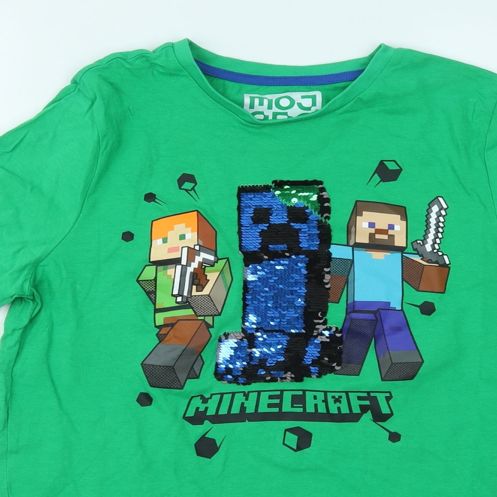 F&F Boys Green Cotton Basic T-Shirt Size 13 Years Round Neck - Minecraft