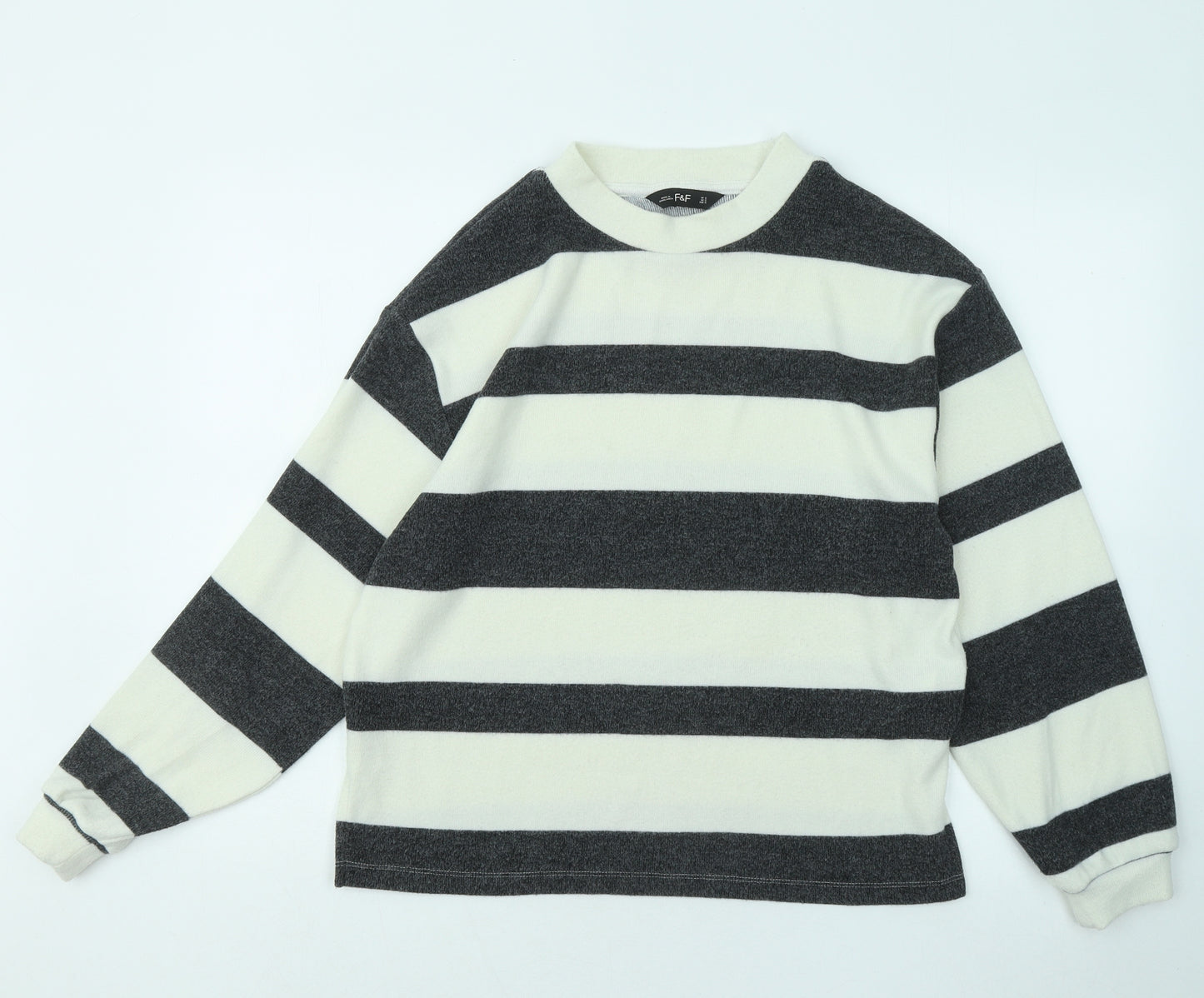 F&F Womens White Round Neck Striped Polyester Pullover Jumper Size S