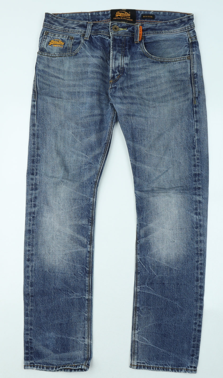Superdry Mens Blue Cotton Straight Jeans Size 32 in L30 in Regular Zip