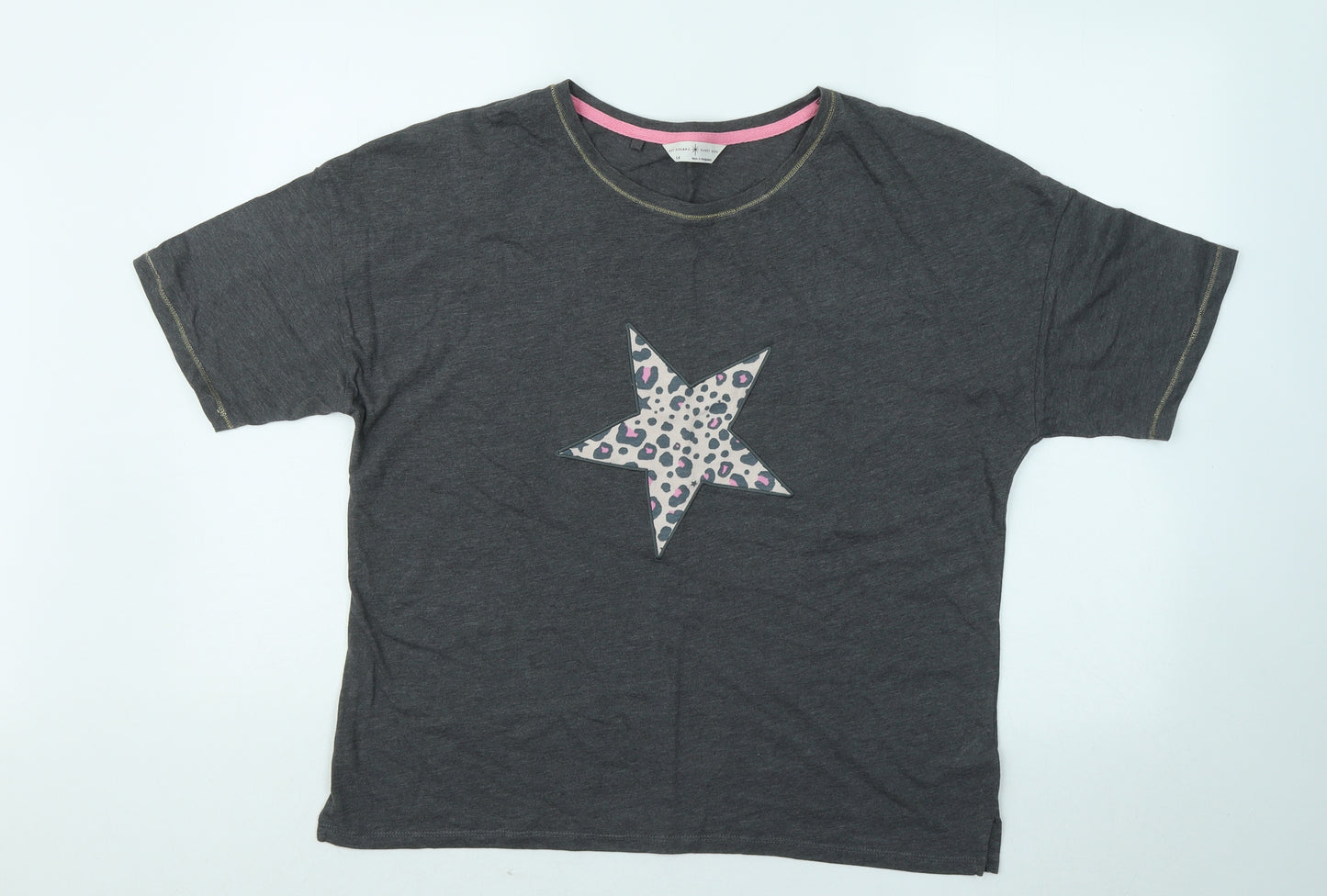 Marks and Spencer Womens Grey Animal Print Cotton Basic T-Shirt Size 14 Round Neck - Star