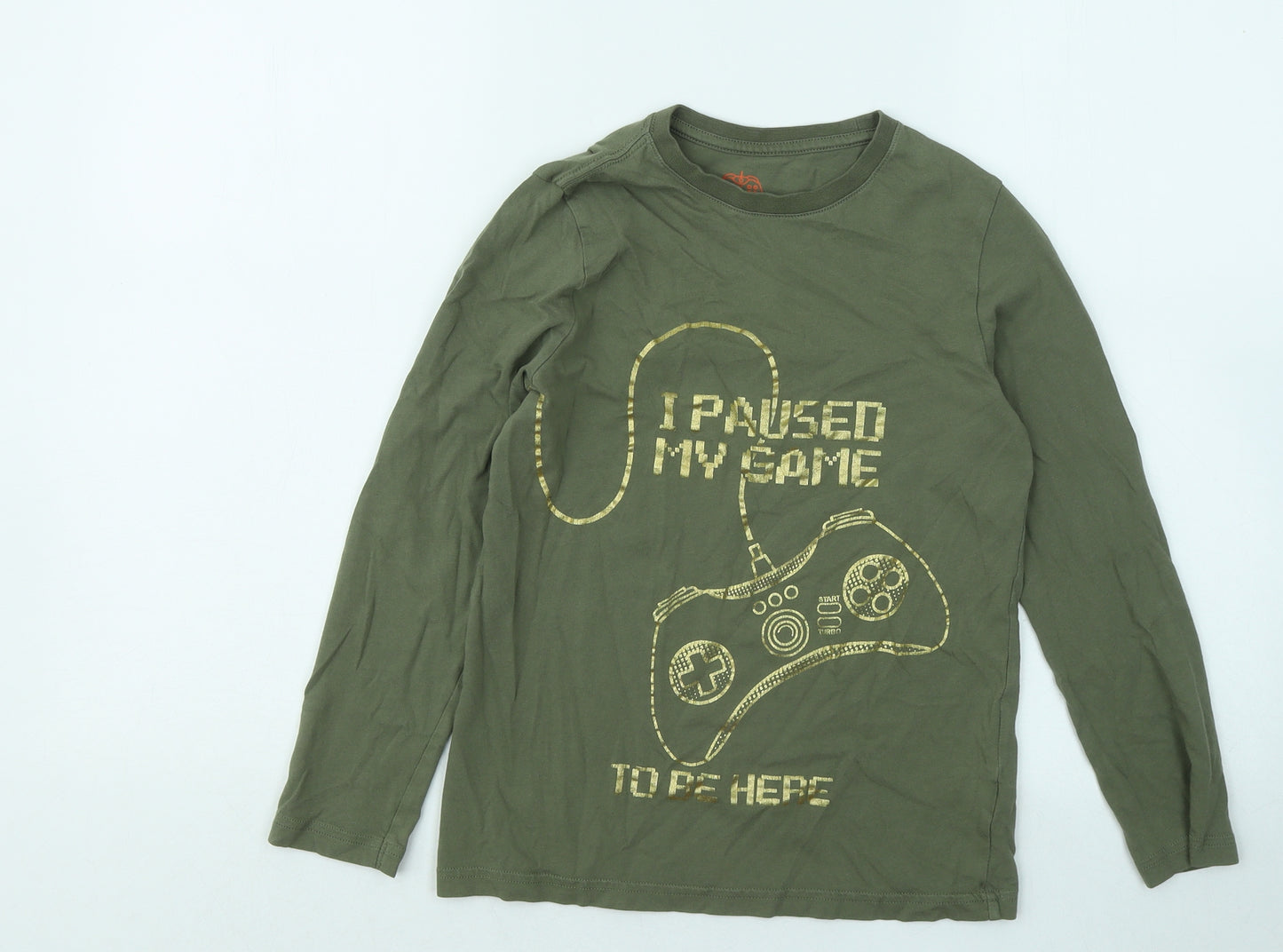 F&F Boys Green Cotton Basic T-Shirt Size 9-10 Years Round Neck - I Paused My Game To Be Here