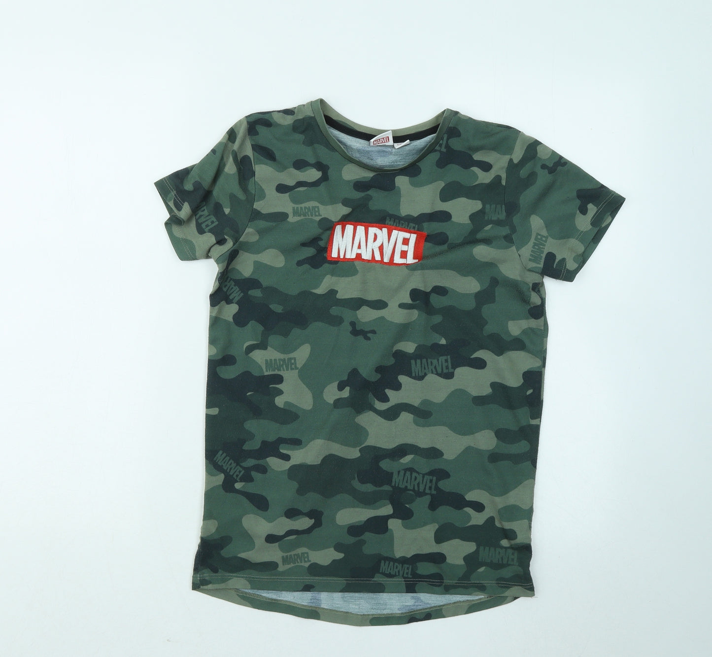 Primark Boys Green Camouflage Cotton Basic T-Shirt Size 11-12 Years Round Neck - Marvel