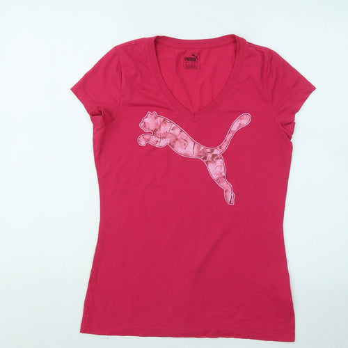 PUMA Womens Pink Cotton Basic T-Shirt Size 10 V-Neck