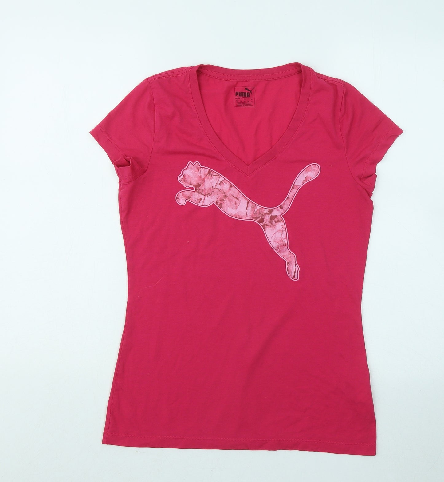 PUMA Womens Pink Cotton Basic T-Shirt Size 10 V-Neck
