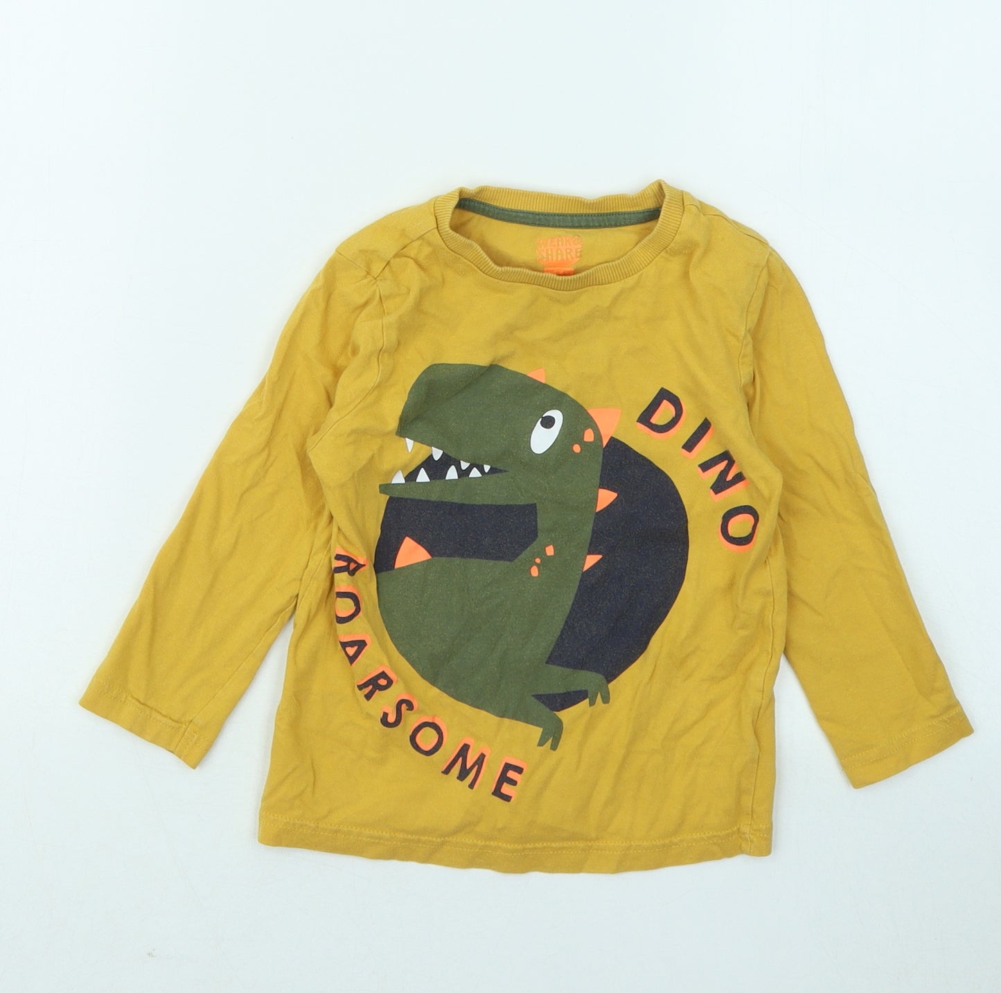 F&F Boys Yellow Cotton Basic T-Shirt Size 3-4 Years Round Neck Pullover - Dinosaur