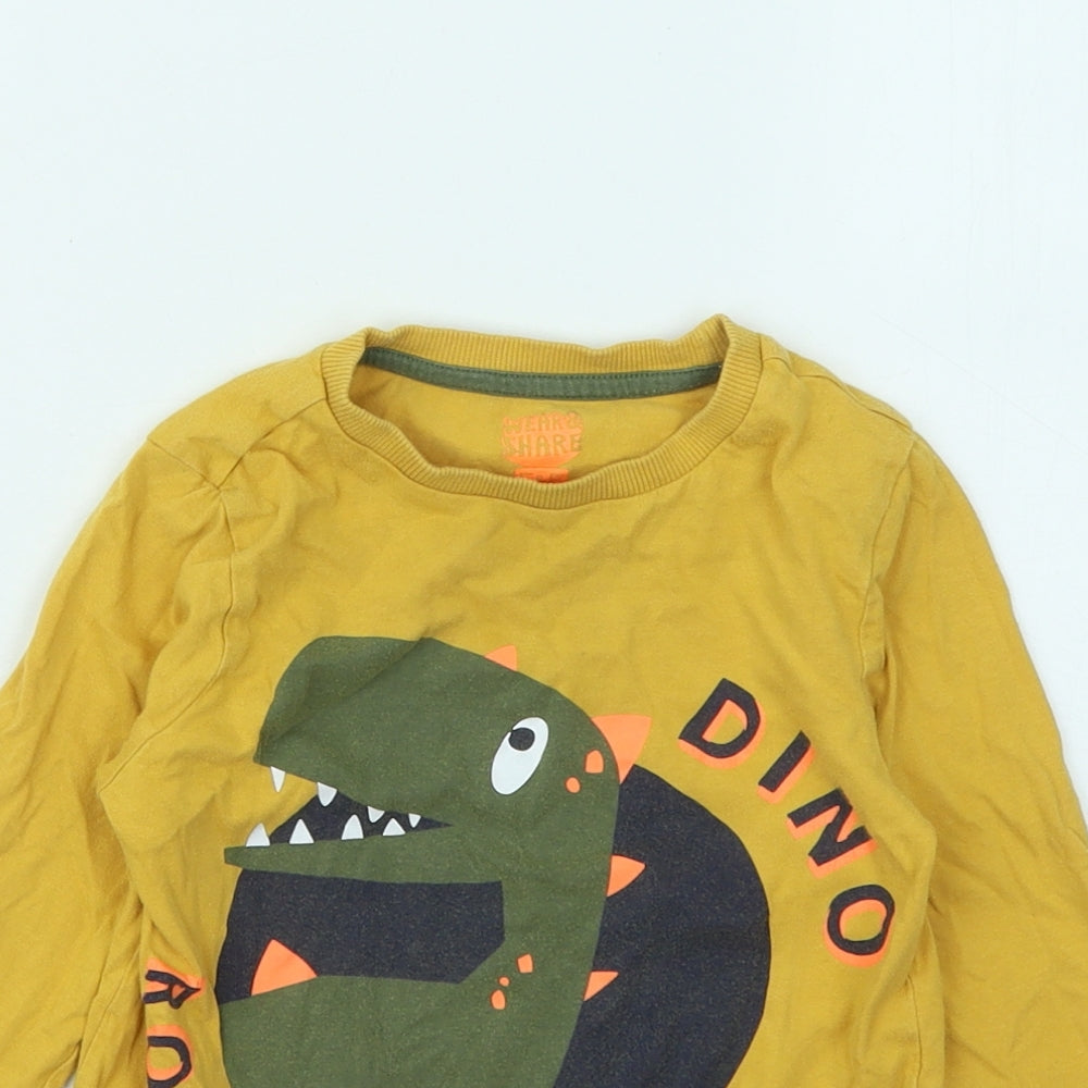 F&F Boys Yellow Cotton Basic T-Shirt Size 3-4 Years Round Neck Pullover - Dinosaur