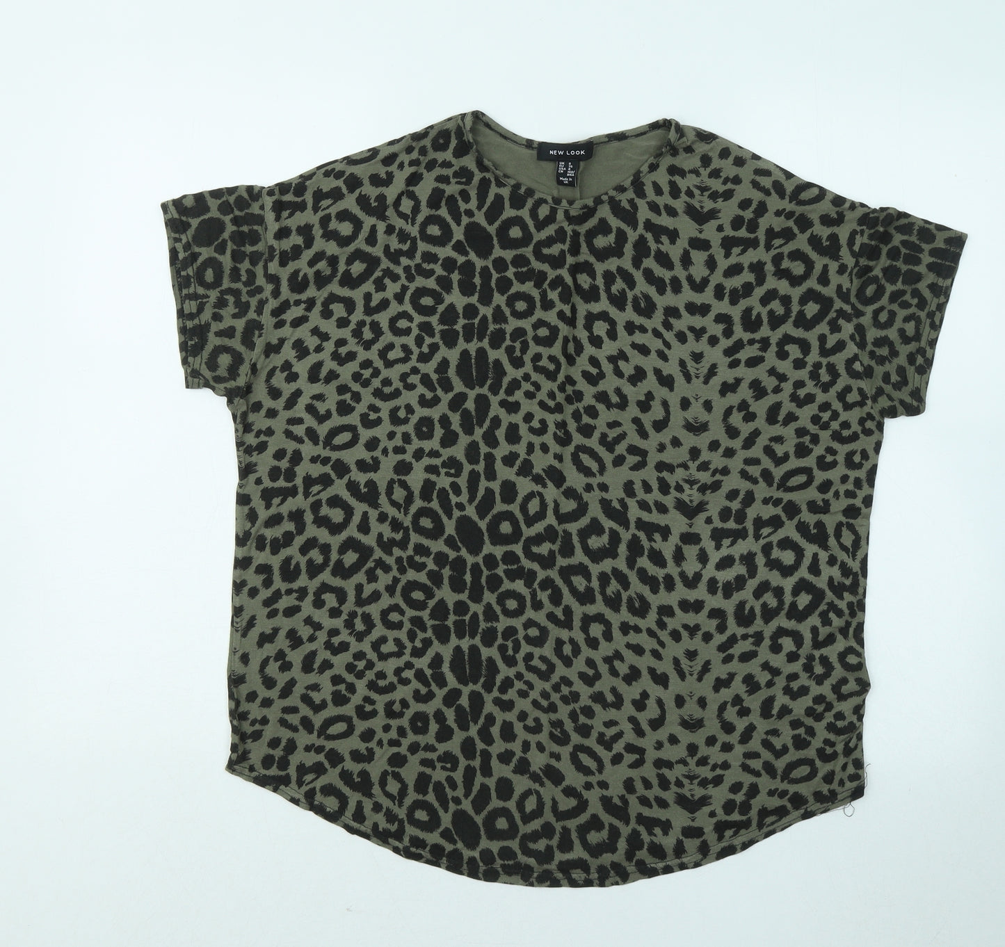 New Look Womens Green Animal Print Viscose Basic T-Shirt Size 8 Round Neck - Leopard Print