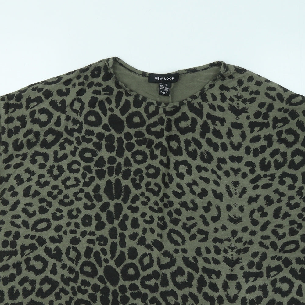 New Look Womens Green Animal Print Viscose Basic T-Shirt Size 8 Round Neck - Leopard Print