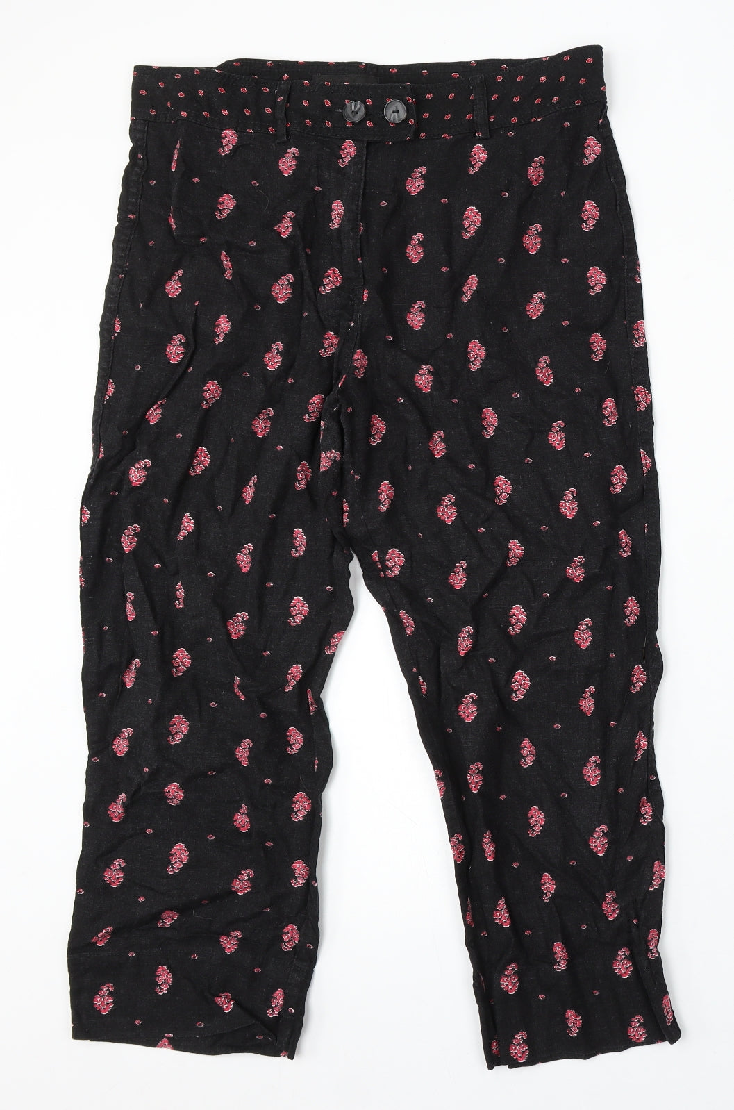 NEXT Womens Black Geometric Linen Trousers Size 12 L25 in Regular Hook & Eye