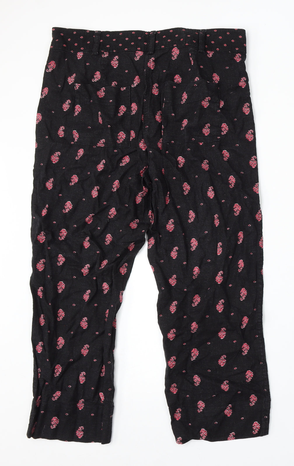 NEXT Womens Black Geometric Linen Trousers Size 12 L25 in Regular Hook & Eye
