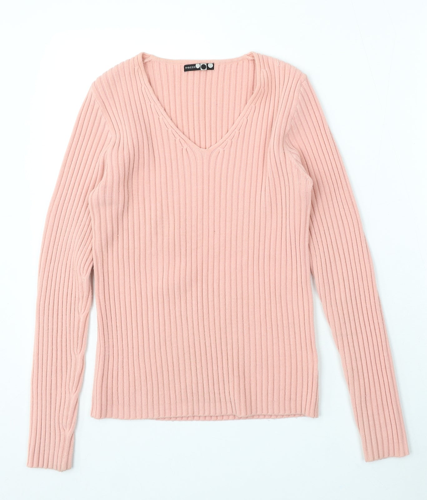 Mezzo Womens Pink V-Neck Wool Pullover Jumper Size M - Ribbed