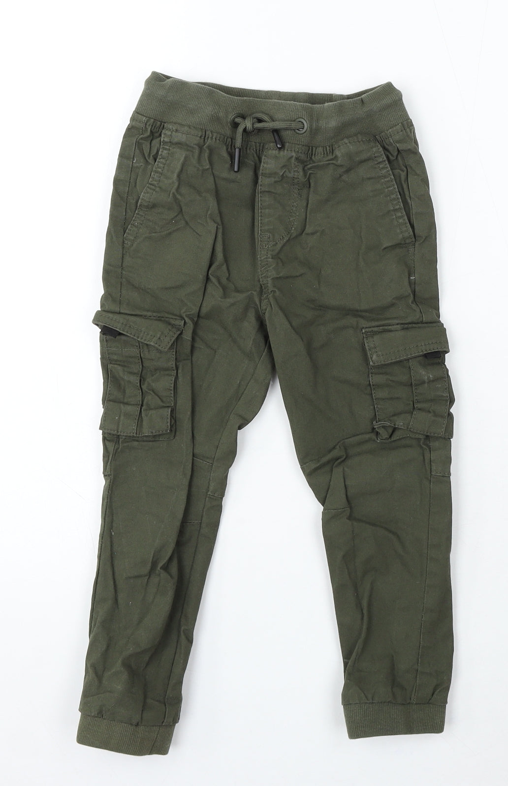 Denim & Co. Boys Green Cotton Cargo Trousers Size 4-5 Years Regular Drawstring