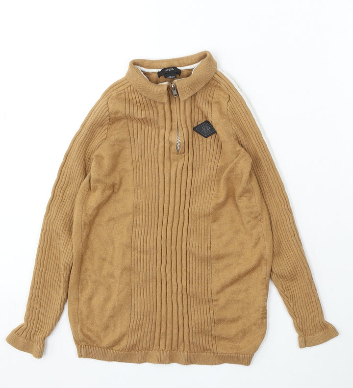 River Island Girls Brown Collared Cotton Pullover Jumper Size 7-8 Years Zip