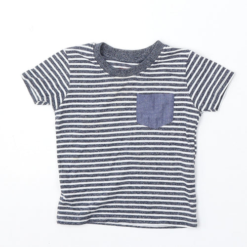 Primark Boys Blue Striped Cotton Basic T-Shirt Size 9-12 Months Round Neck - Pocket Detail