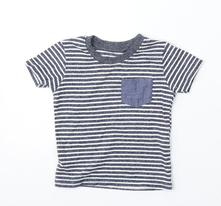 Primark Boys Blue Striped Cotton Basic T-Shirt Size 9-12 Months Round Neck - Pocket Detail