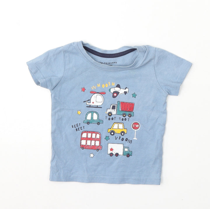 Primark Boys Blue Cotton Basic T-Shirt Size 9-12 Months Round Neck Pullover - Cars