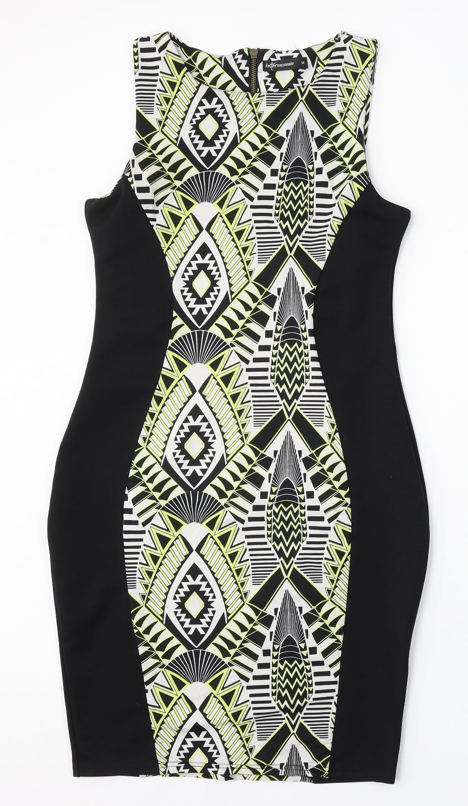 Internacionale Womens Black Geometric Polyester Bodycon Size 14 Round Neck Zip