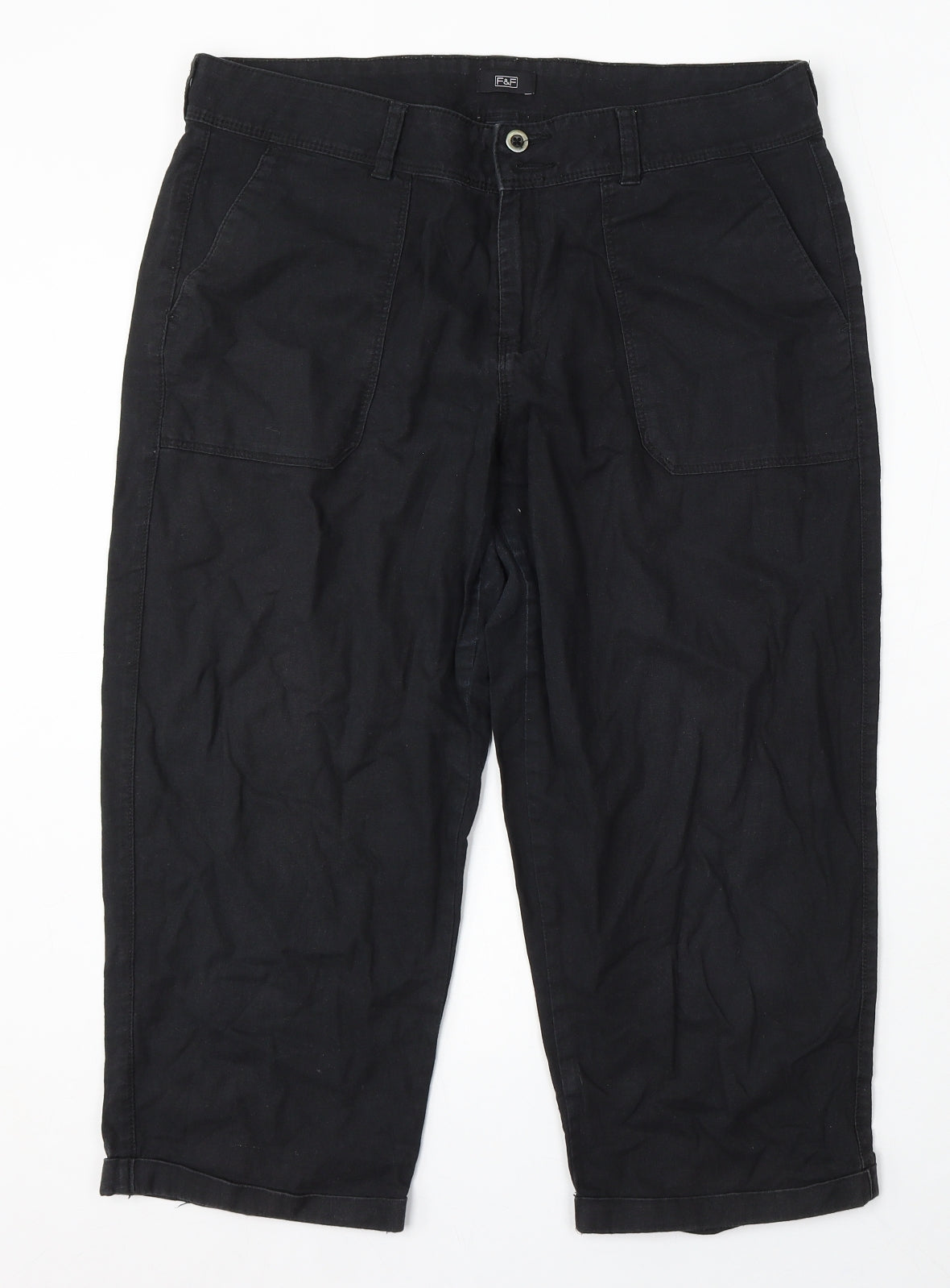 F&F Womens Black Linen Capri Trousers Size 12 L23 in Regular Button