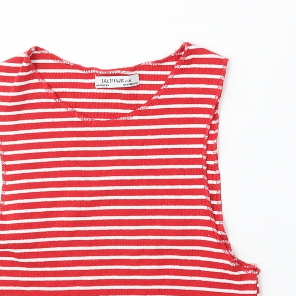 Zara Womens Red Striped Cotton Basic Tank Size M Round Neck