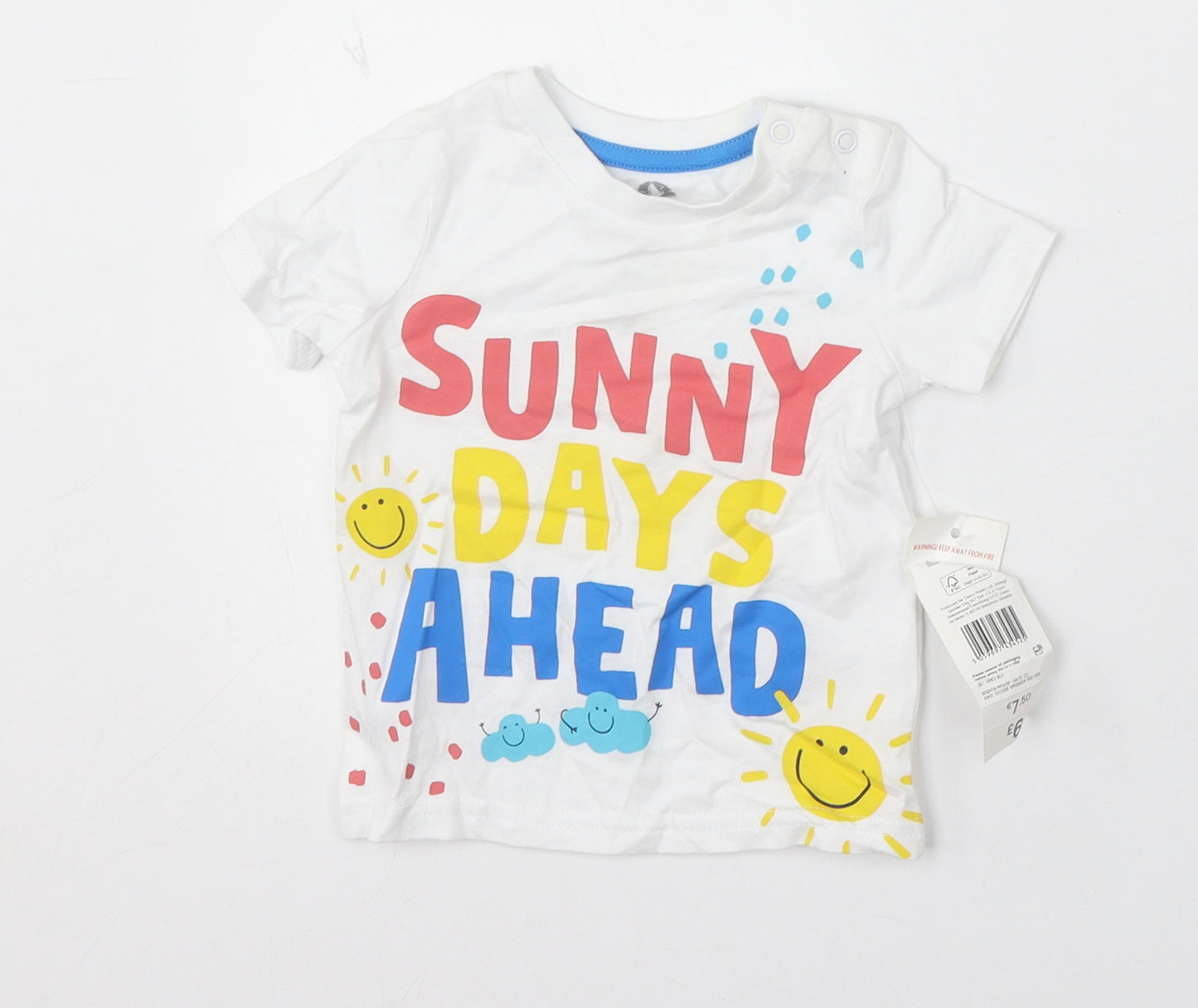 F&F Boys White Cotton Basic T-Shirt Size 3-6 Months Round Neck - Sunny Days Ahead