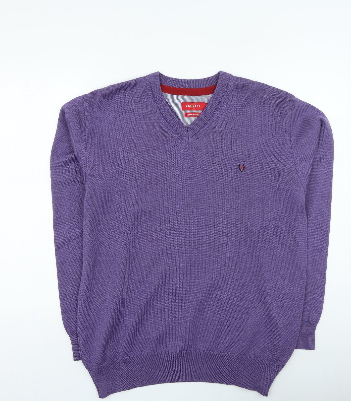 Benetti Mens Purple V-Neck Cotton Pullover Jumper Size L
