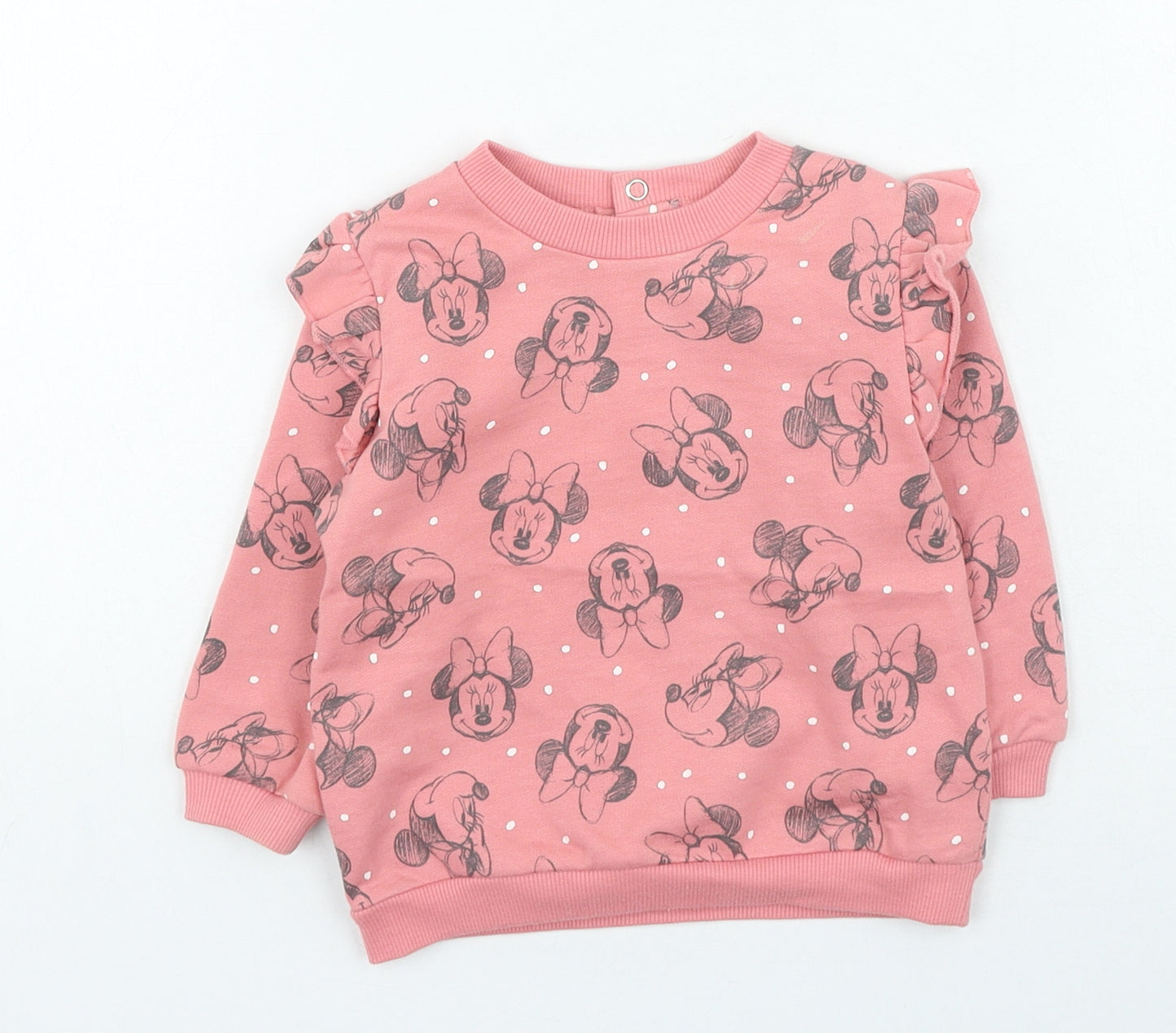 Preworn Girls Pink Spotted Cotton Pullover Jumper Size 9-12 Months Snap - Minnie Mouse