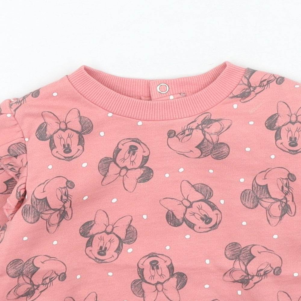 Preworn Girls Pink Spotted Cotton Pullover Jumper Size 9-12 Months Snap - Minnie Mouse
