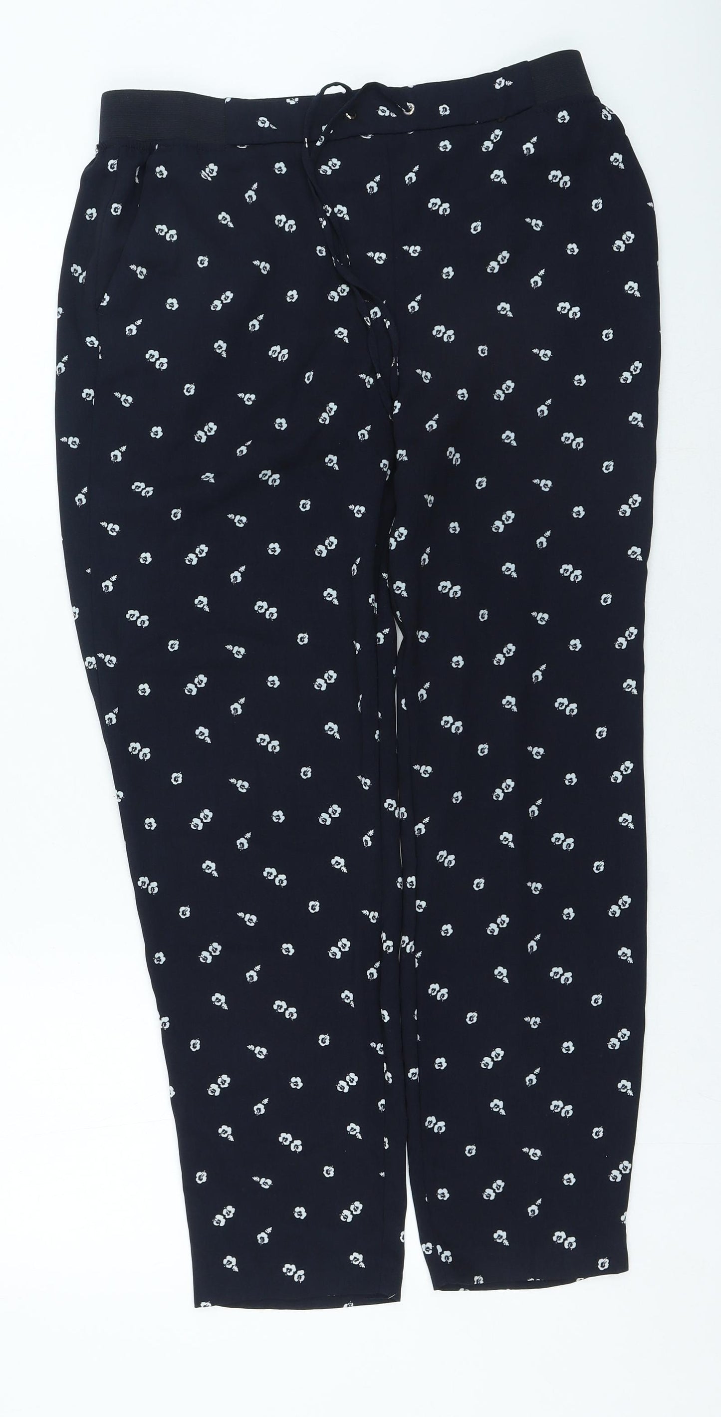 Dunnes Stores Womens Blue Floral Polyester Jogger Trousers Size 12 L25 in Regular Drawstring