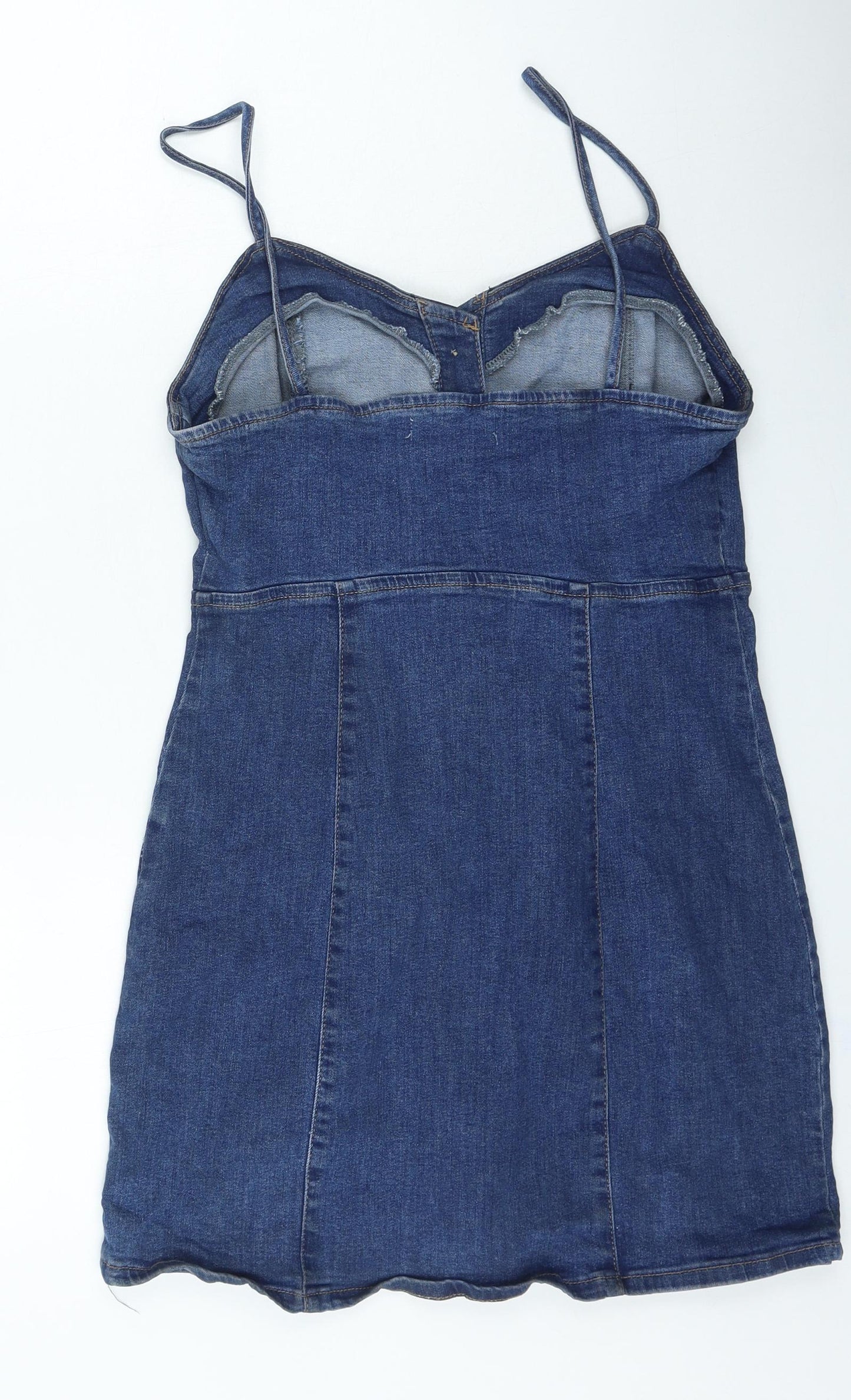 Primark Womens Blue Cotton Bodycon Size 12 Sweetheart Button