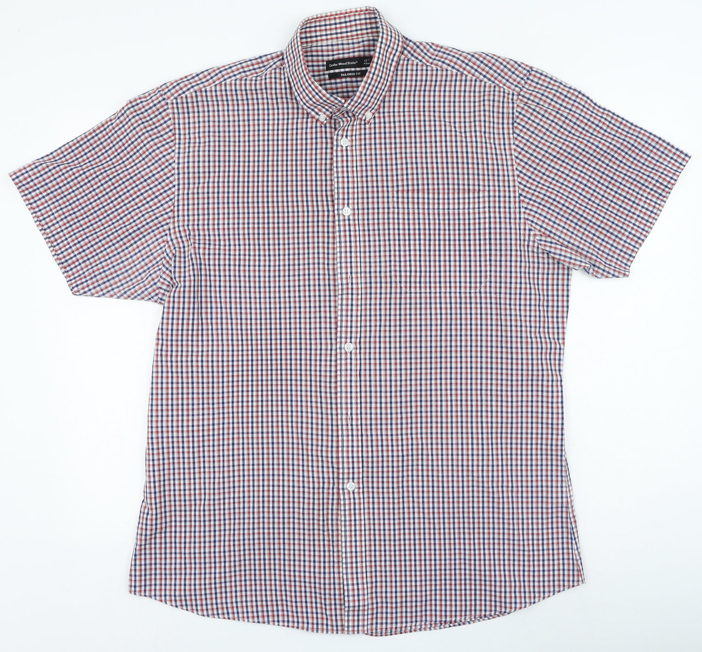 Cedar Wood State Mens Red Plaid Cotton Polo Size 17 Collared Button