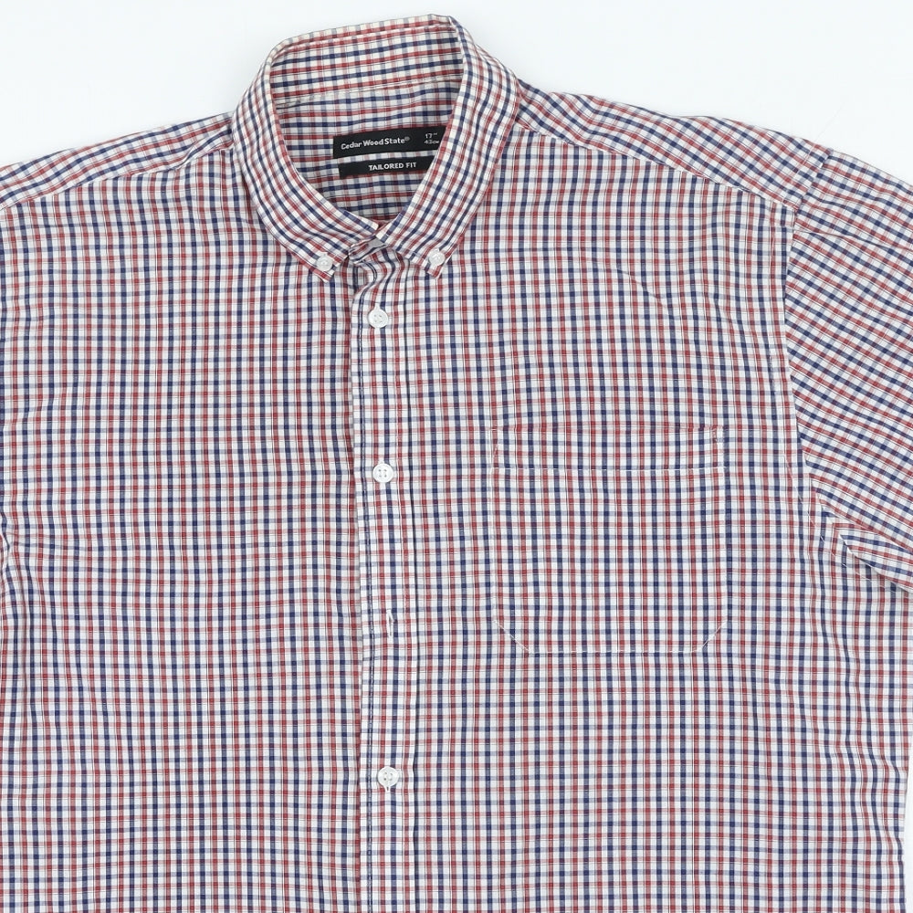 Cedar Wood State Mens Red Plaid Cotton Polo Size 17 Collared Button