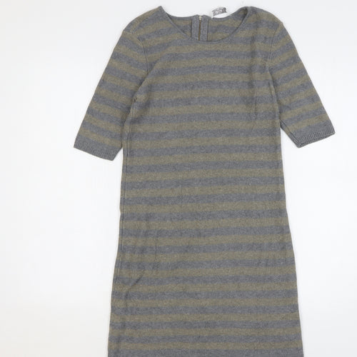 Oui Womens Grey Striped Cotton Jumper Dress Size 10 Round Neck Zip