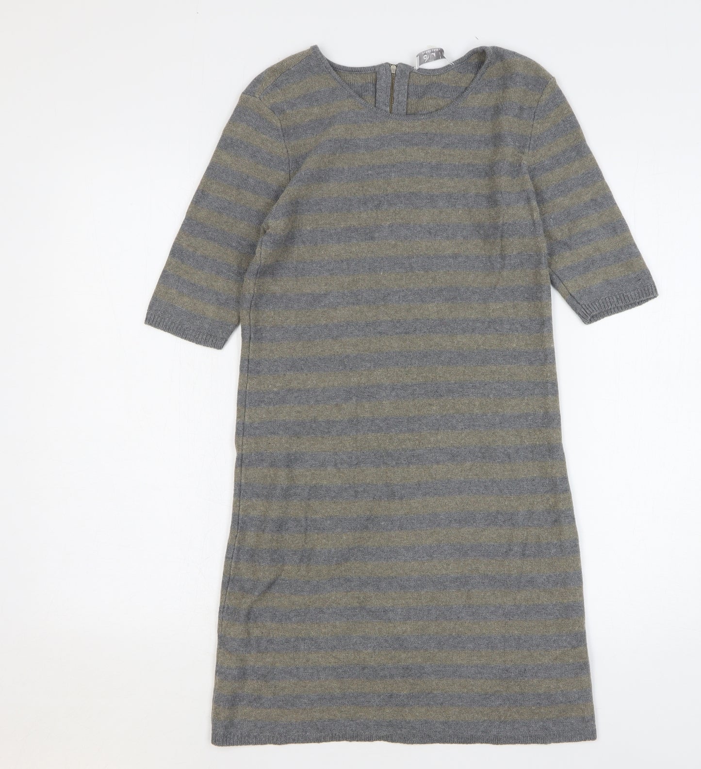 Oui Womens Grey Striped Cotton Jumper Dress Size 10 Round Neck Zip