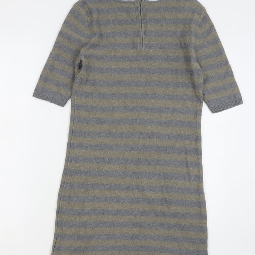 Oui Womens Grey Striped Cotton Jumper Dress Size 10 Round Neck Zip