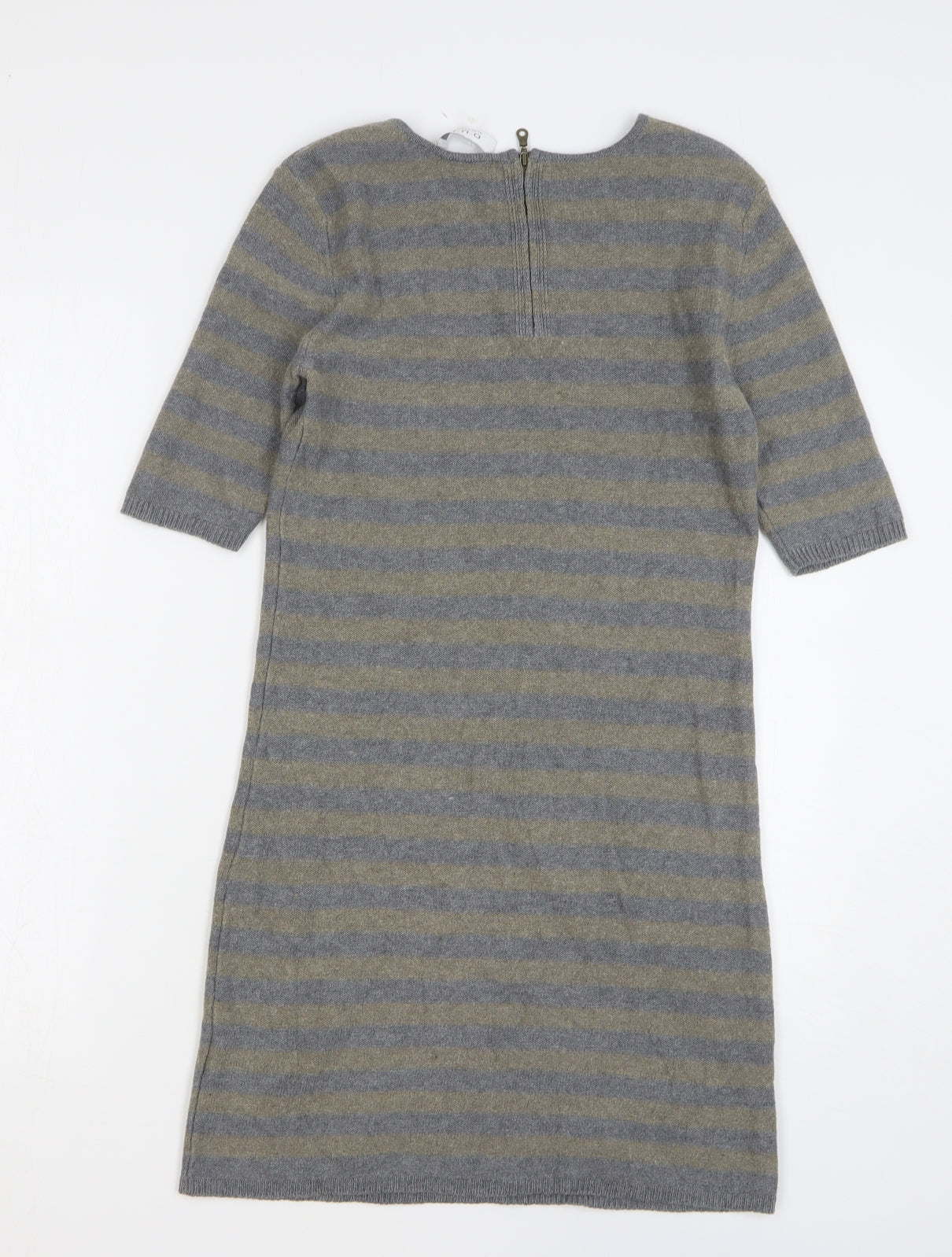 Oui Womens Grey Striped Cotton Jumper Dress Size 10 Round Neck Zip