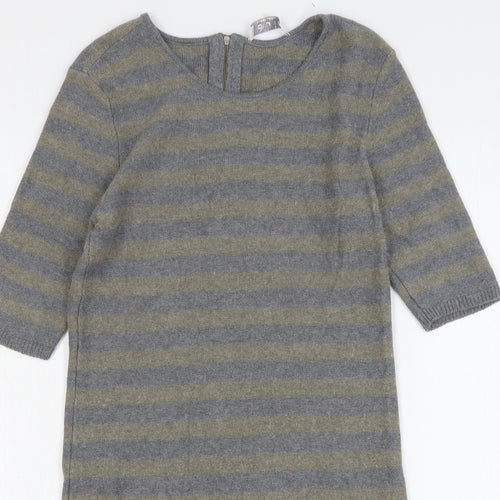 Oui Womens Grey Striped Cotton Jumper Dress Size 10 Round Neck Zip