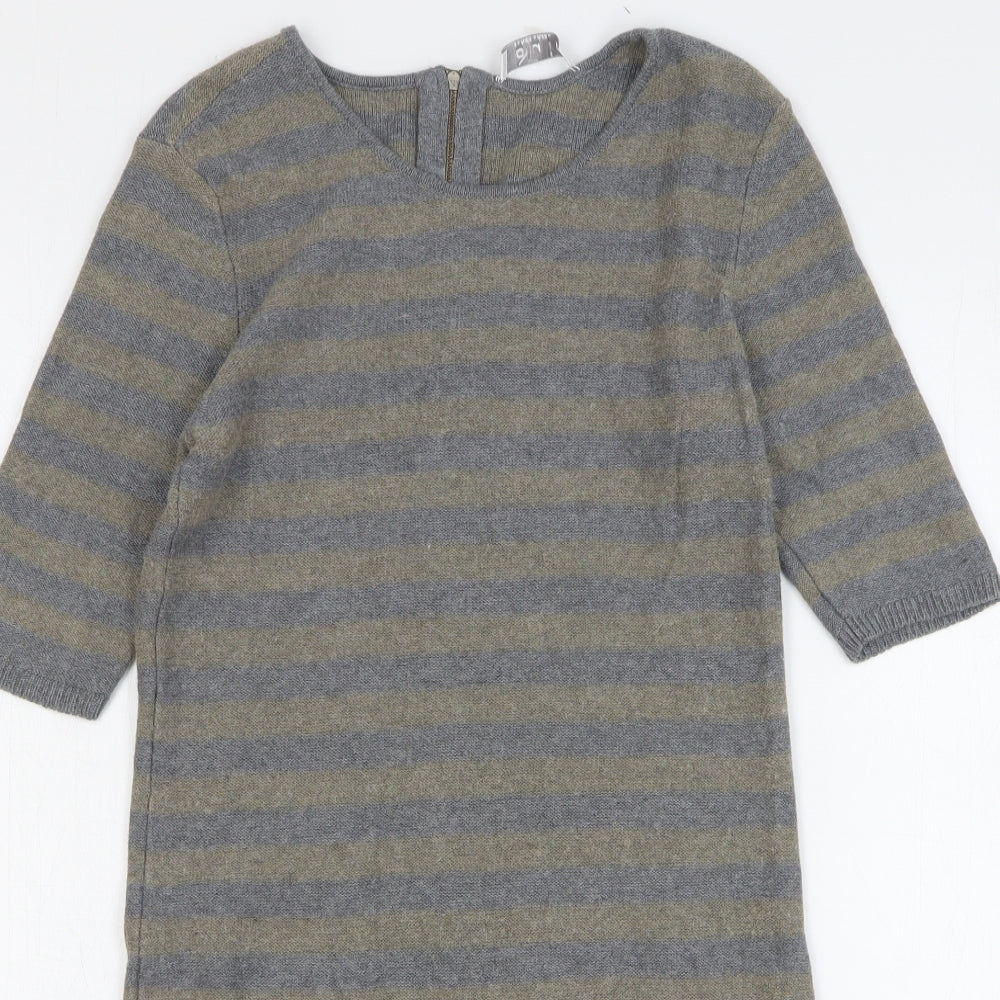 Oui Womens Grey Striped Cotton Jumper Dress Size 10 Round Neck Zip