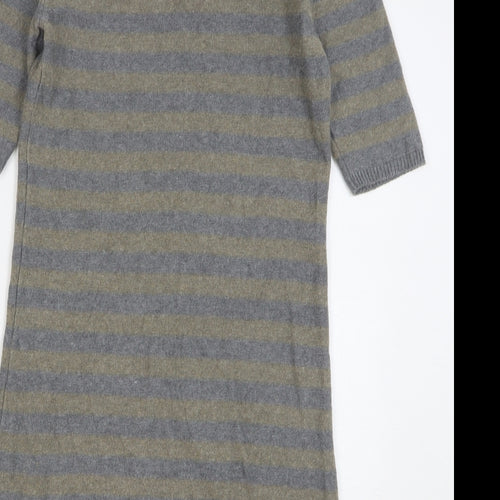 Oui Womens Grey Striped Cotton Jumper Dress Size 10 Round Neck Zip