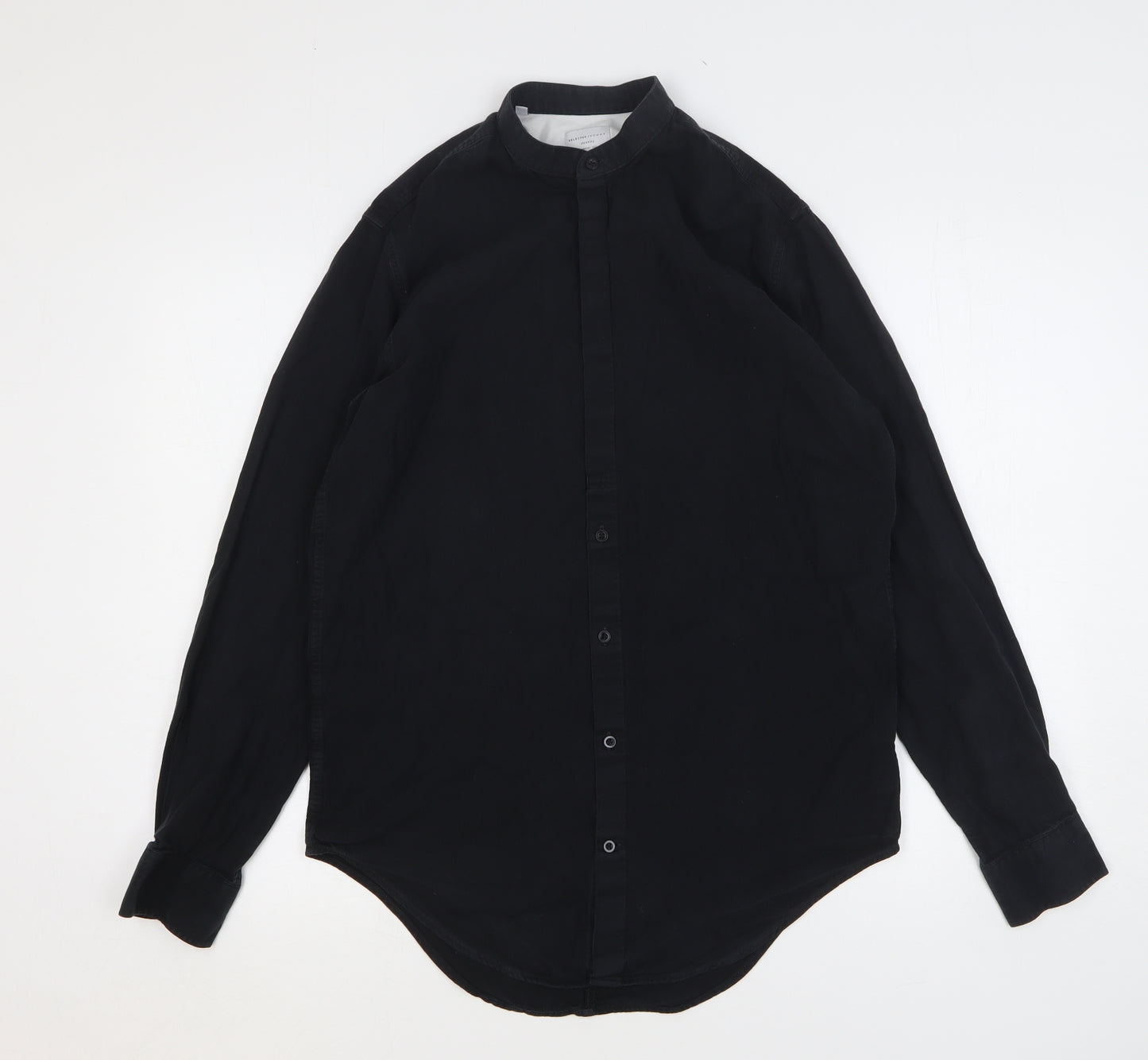 Selected Homme Mens Black Cotton Button-Up Size M Round Neck Button