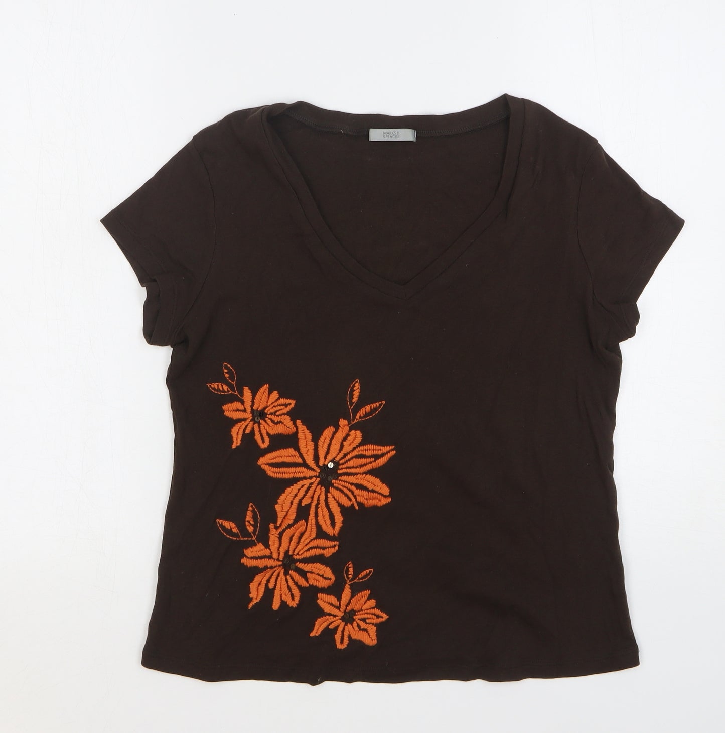 Marks and Spencer Womens Brown Floral Cotton Basic T-Shirt Size 14 V-Neck