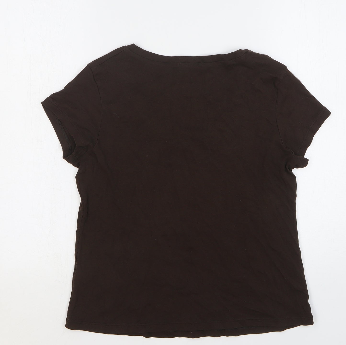 Marks and Spencer Womens Brown Floral Cotton Basic T-Shirt Size 14 V-Neck